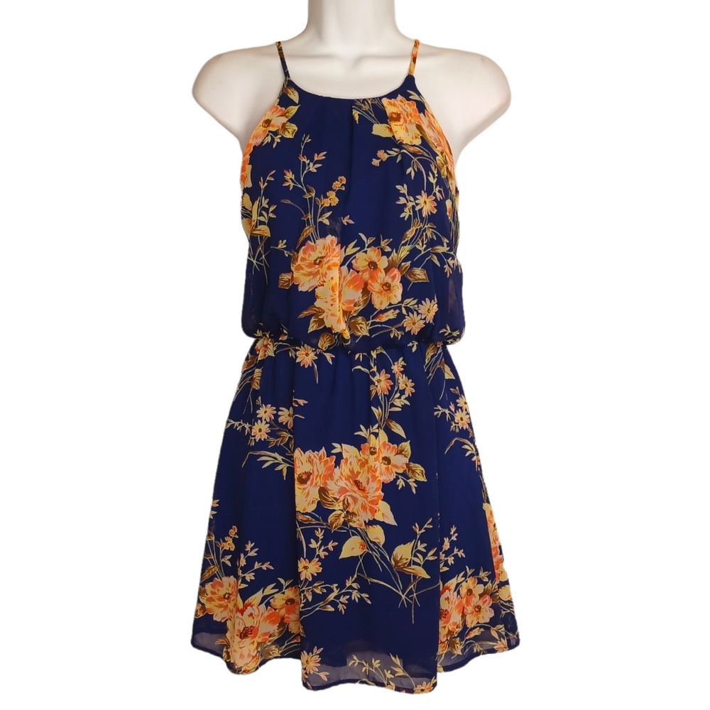 PEACH ROYAL Blue Yellow Green Floral Print Sleeveless Keyhole Mini Dress X-Small